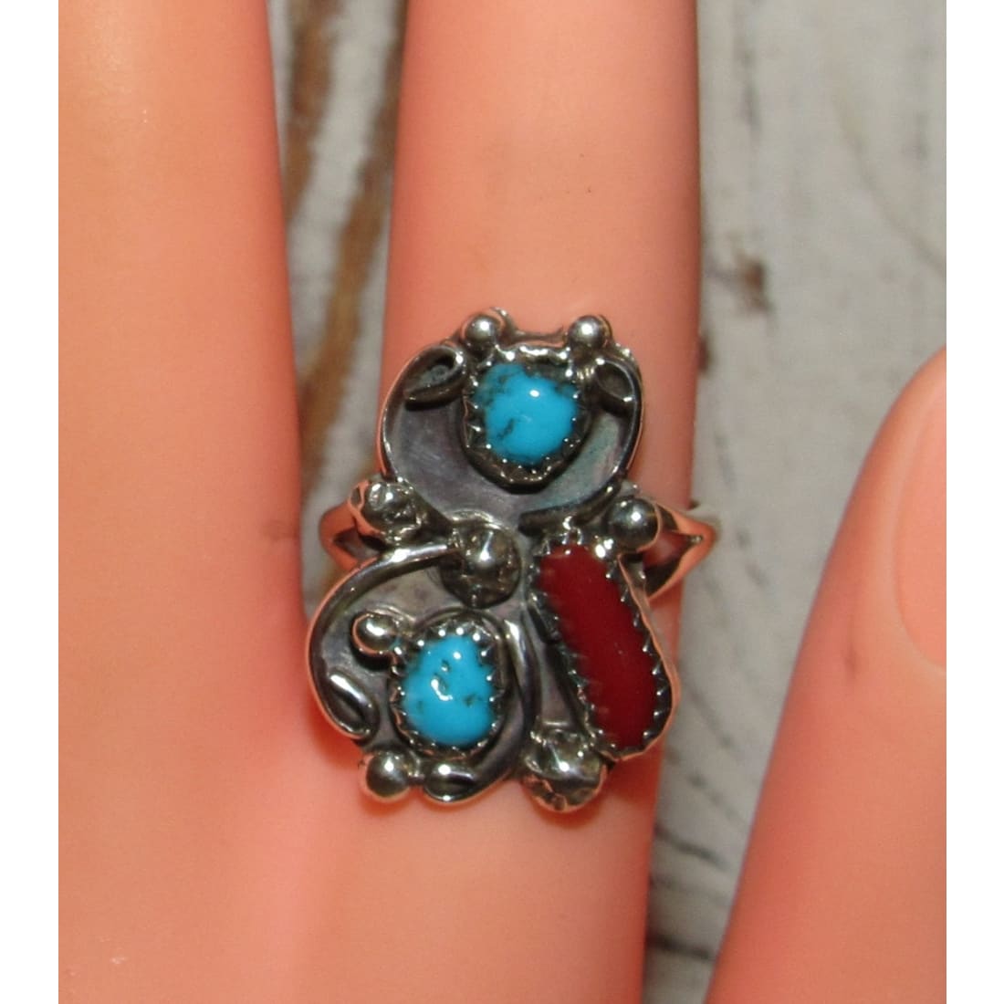 Navajo Kingman Turquoise Coral Ring Sz 8 Sterling Native