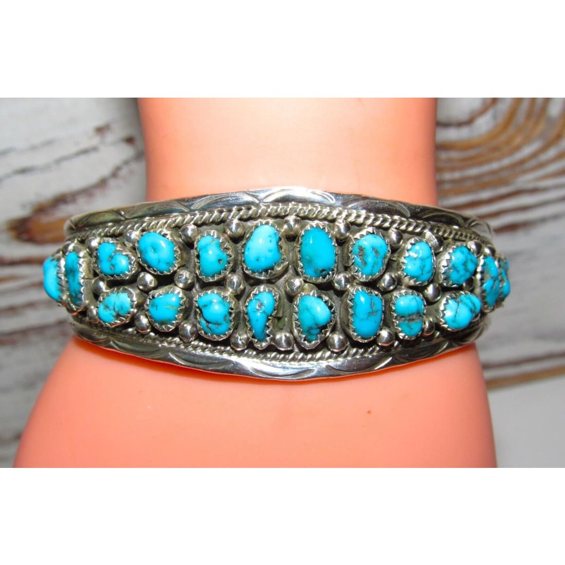 Navajo Kingman Turquoise Cuff Cluster Bracelet Sterling