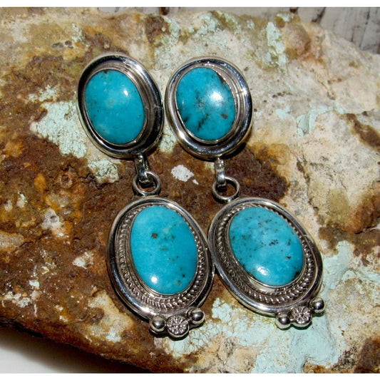 Navajo Kingman Turquoise Dangle Earrings Sterling Silver R.