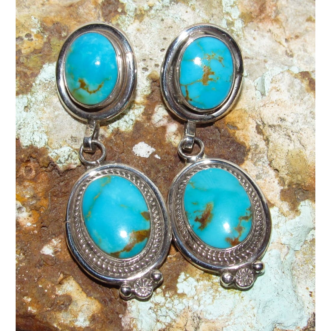 Navajo Kingman Turquoise Dangle Earrings Sterling Silver R.