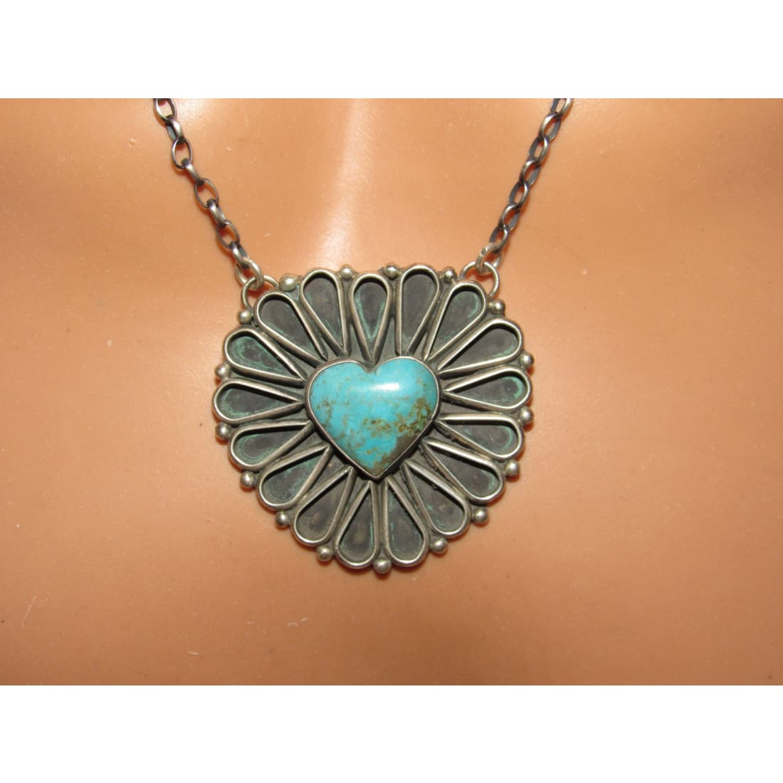 Navajo Kingman Turquoise Heart Bar Necklace Sterling Silver