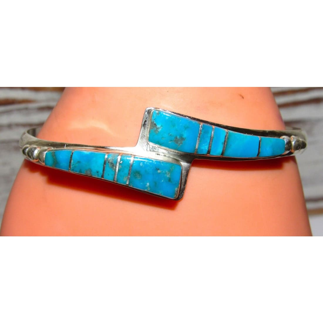 Navajo Kingman Turquoise Inlay Bypass Stacker Cuff Bracelet