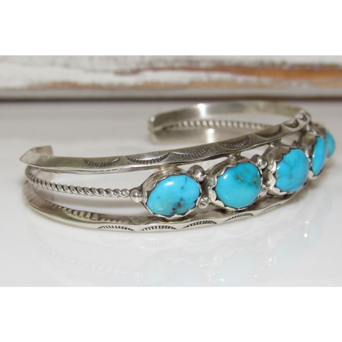 Navajo Kingman Turquoise Stacker Cuff Bracelet Sterling