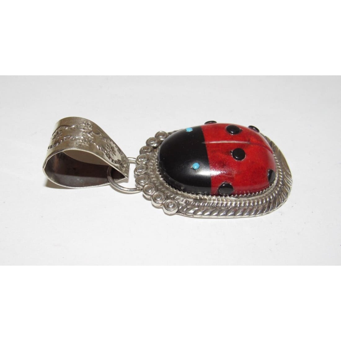 Navajo Lady Bug Inlay Pendant Sterling Turquoise Coral Jet