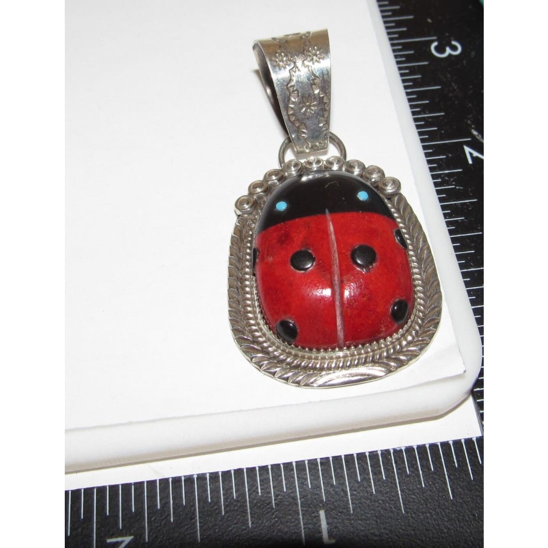 Navajo Lady Bug Inlay Pendant Sterling Turquoise Coral Jet