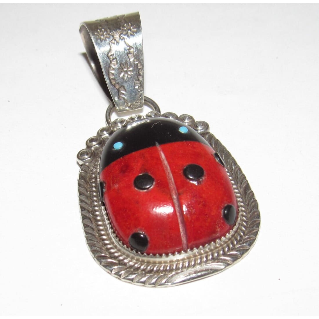 Navajo Lady Bug Inlay Pendant Sterling Turquoise Coral Jet