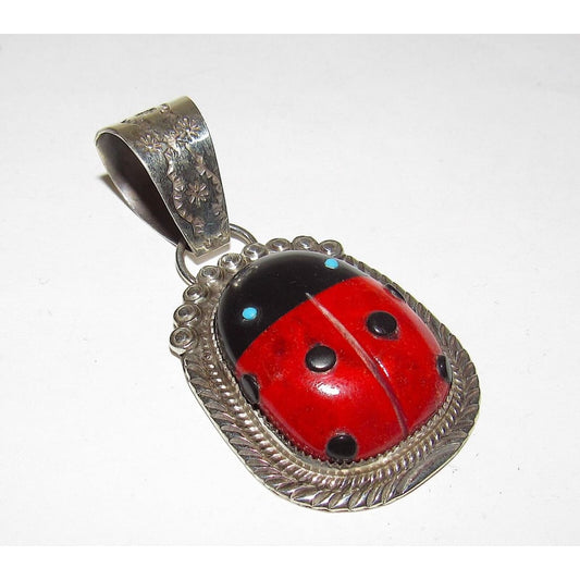Navajo Lady Bug Inlay Pendant Sterling Turquoise Coral Jet