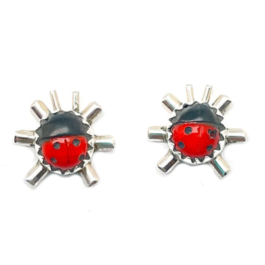Navajo Lady Bug Inlay Post Earrings Coral Jet A. McCabe -