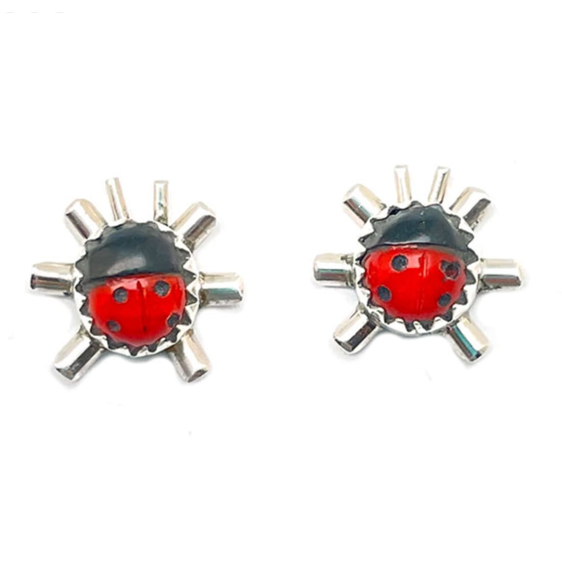 Navajo Lady Bug Inlay Post Earrings Coral Jet A. McCabe -