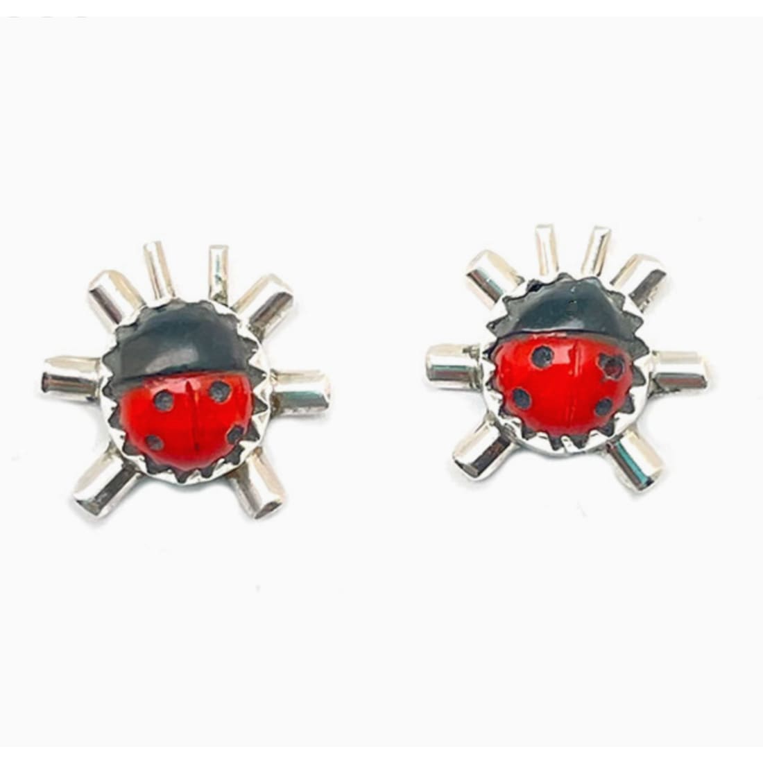 Navajo Lady Bug Inlay Post Earrings Coral Jet A. McCabe -