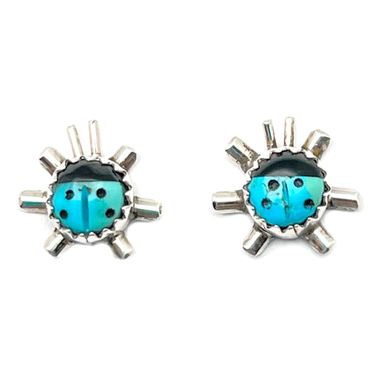 Navajo Lady Bug Inlay Post Earrings Turquoise Jet A. McCabe
