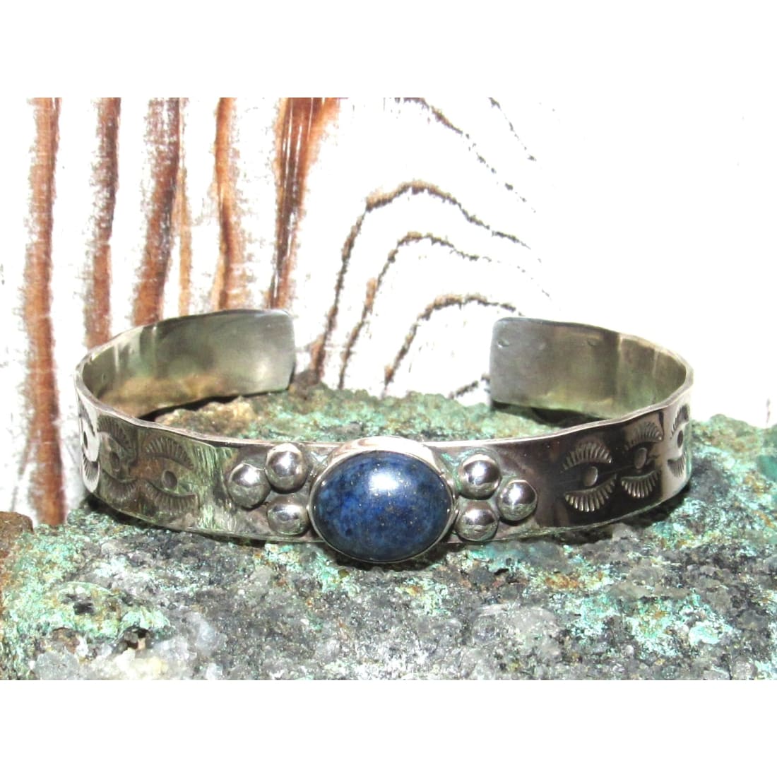 Navajo Lapis Stacker Cuff Sterling Hand Etched Bracelet