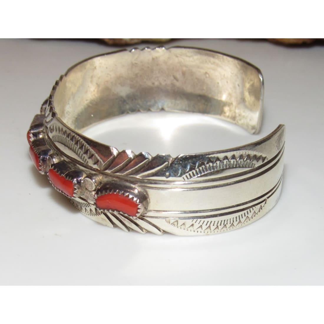 Navajo Mediterranean Coral Cuff Cluster Bracelet Sterling