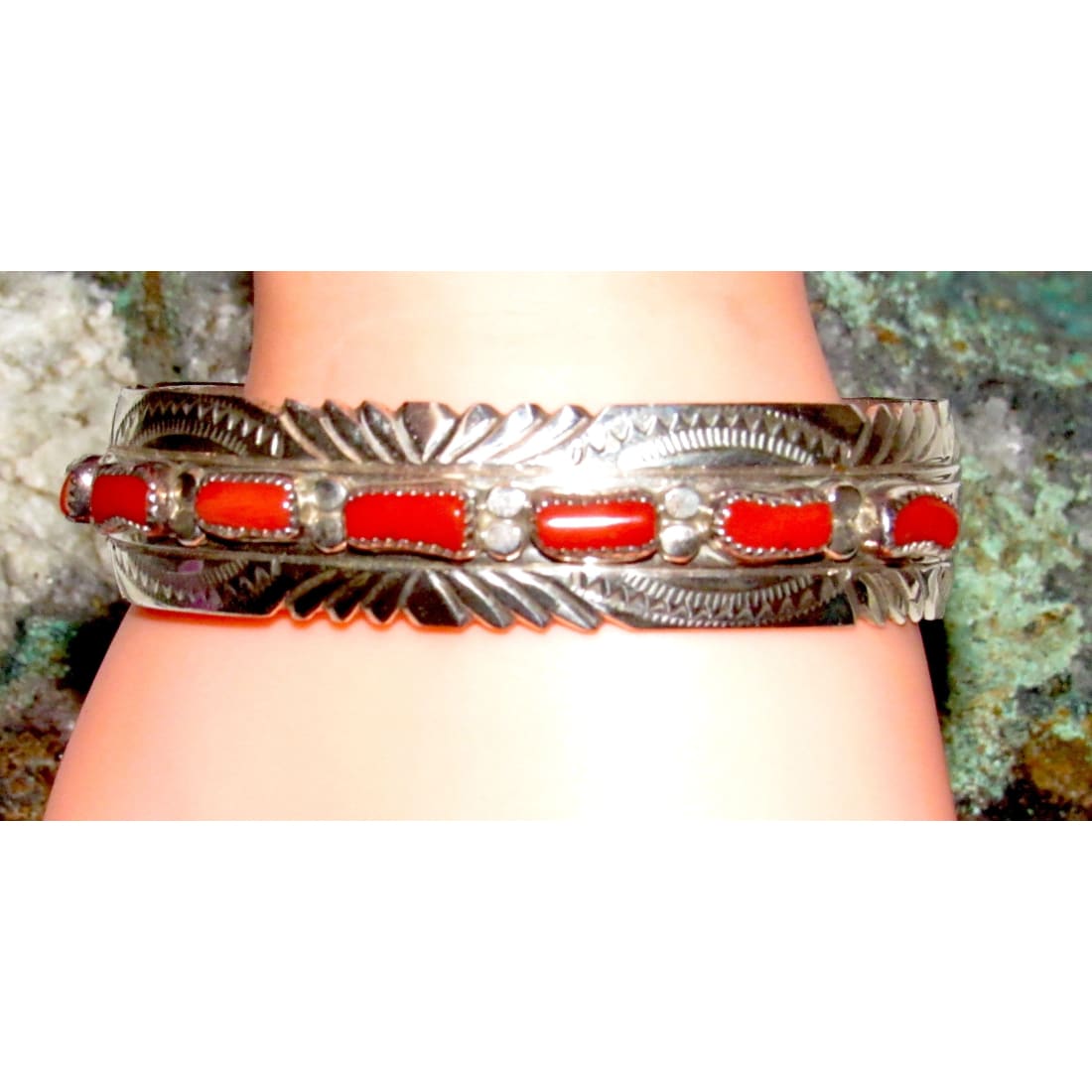 Navajo Mediterranean Coral Cuff Cluster Bracelet Sterling