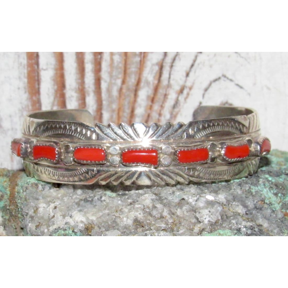 Navajo Mediterranean Coral Cuff Cluster Bracelet Sterling