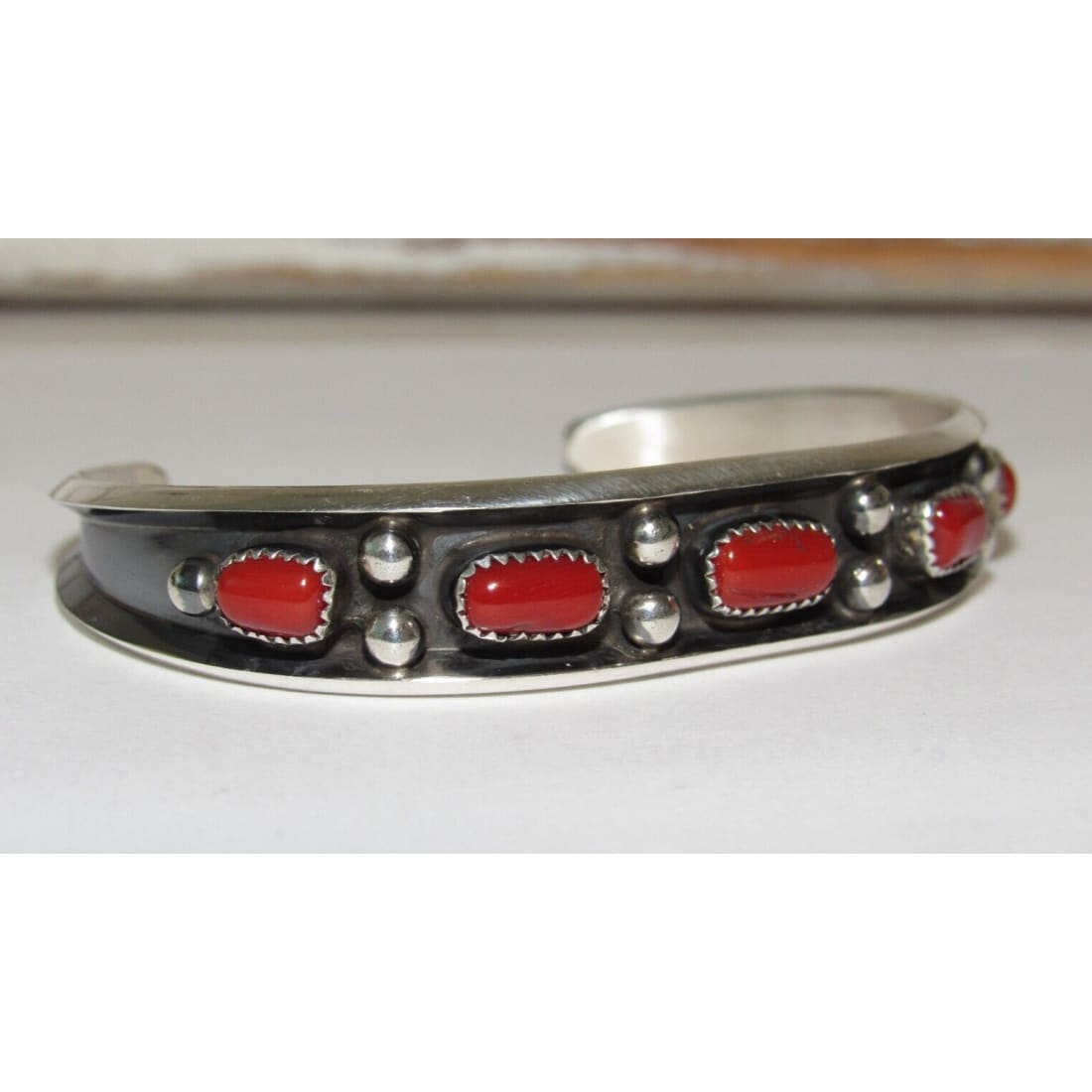 Navajo Mediterranean Coral Stacker Cuff Bracelet Sterling