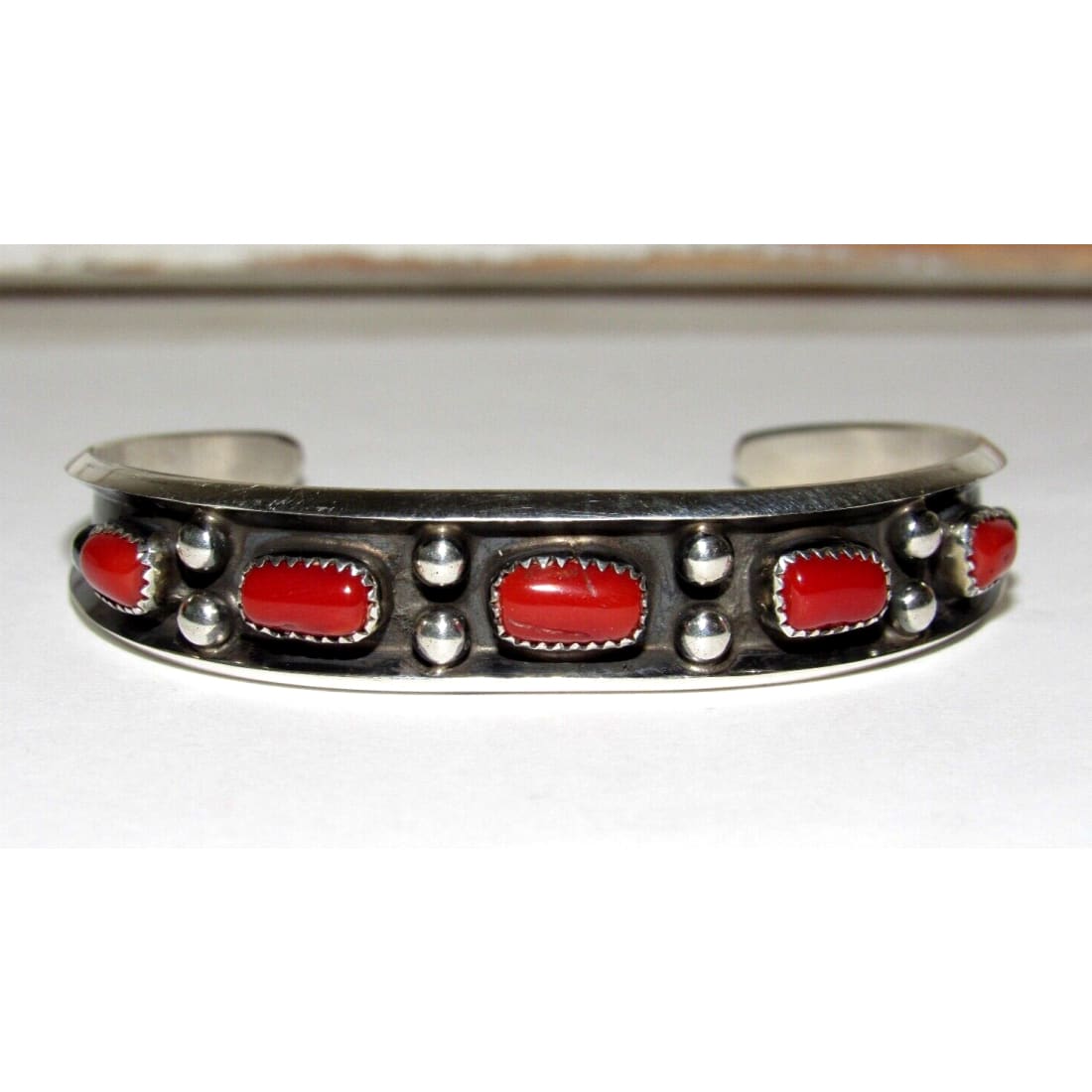 Navajo Mediterranean Coral Stacker Cuff Bracelet Sterling