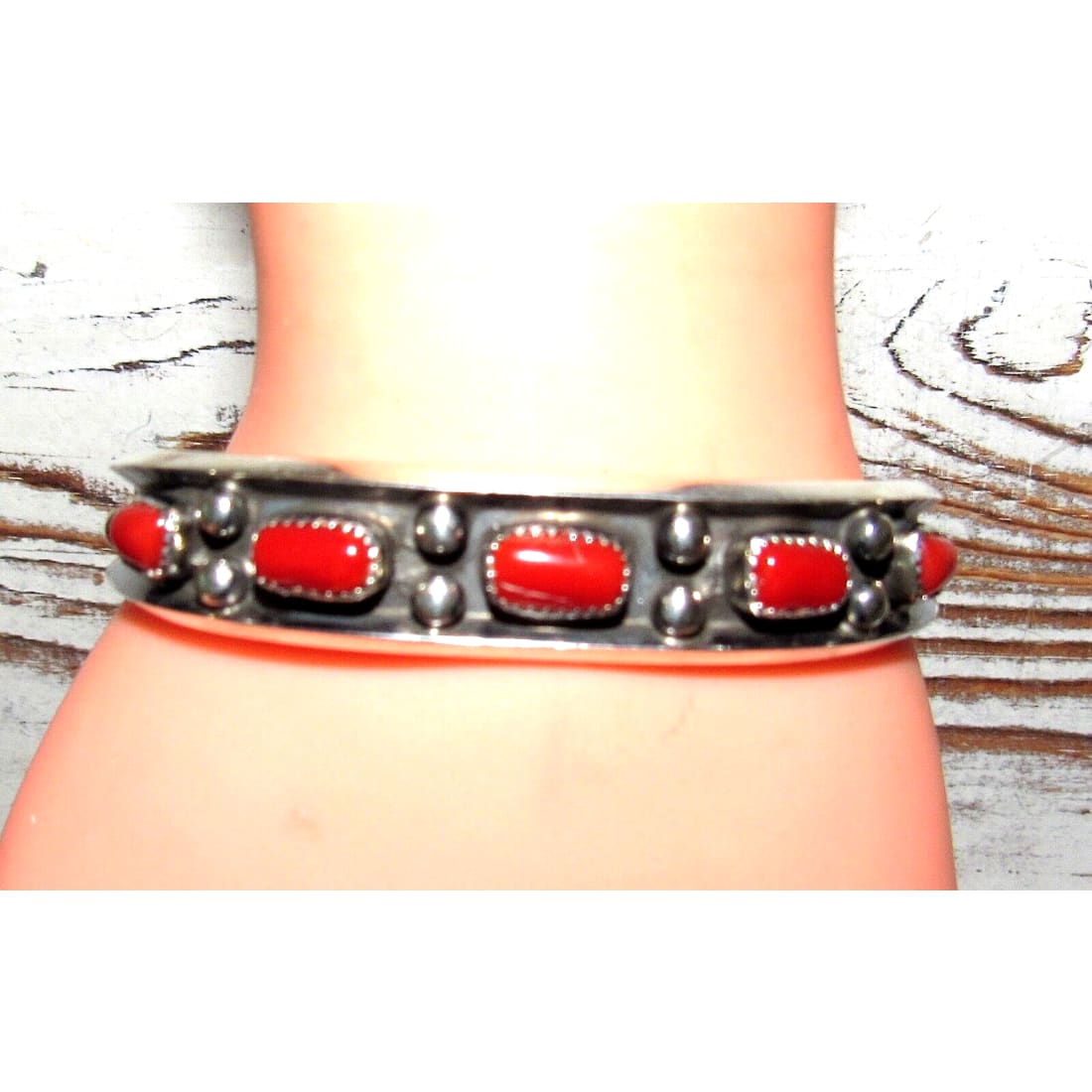 Navajo Mediterranean Coral Stacker Cuff Bracelet Sterling