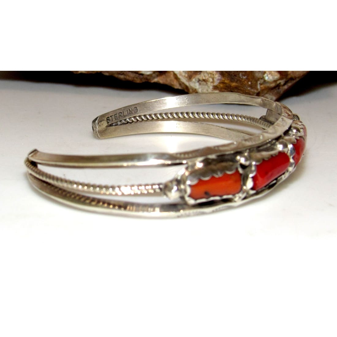 Navajo Mediterranean Coral Stacker Cuff Bracelet Sterling