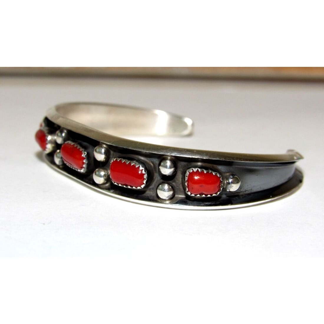 Navajo Mediterranean Coral Stacker Cuff Bracelet Sterling