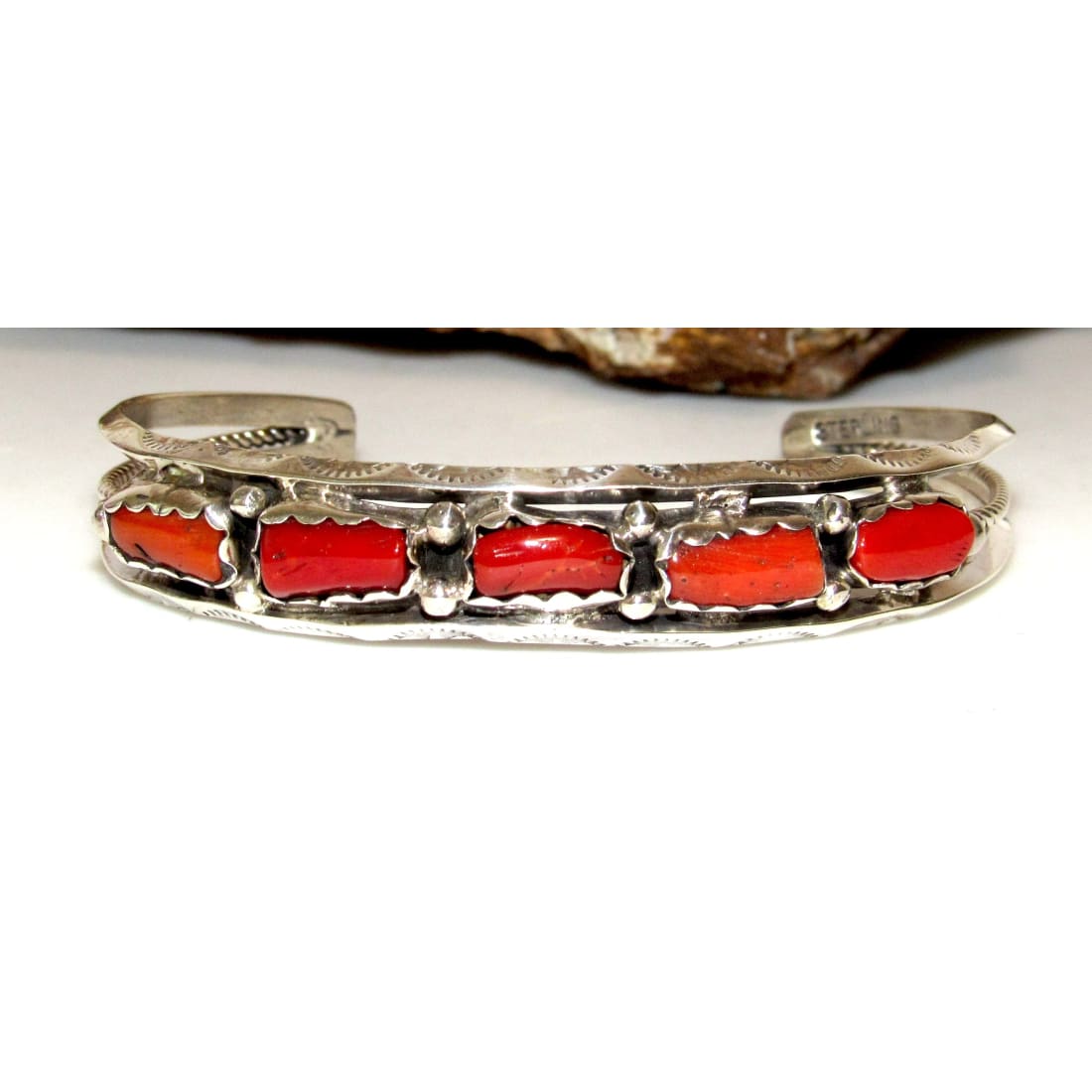 Navajo Mediterranean Coral Stacker Cuff Bracelet Sterling