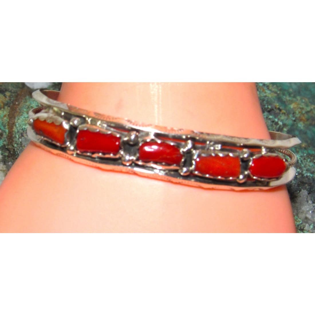 Navajo Mediterranean Coral Stacker Cuff Bracelet Sterling