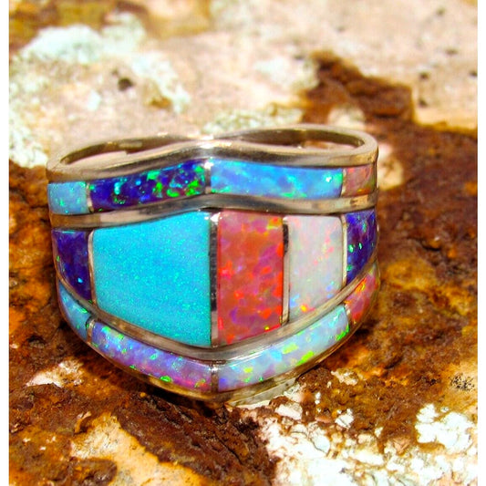 Navajo Multi Color Opal Inlay Ring Size 8 Sterling Silver