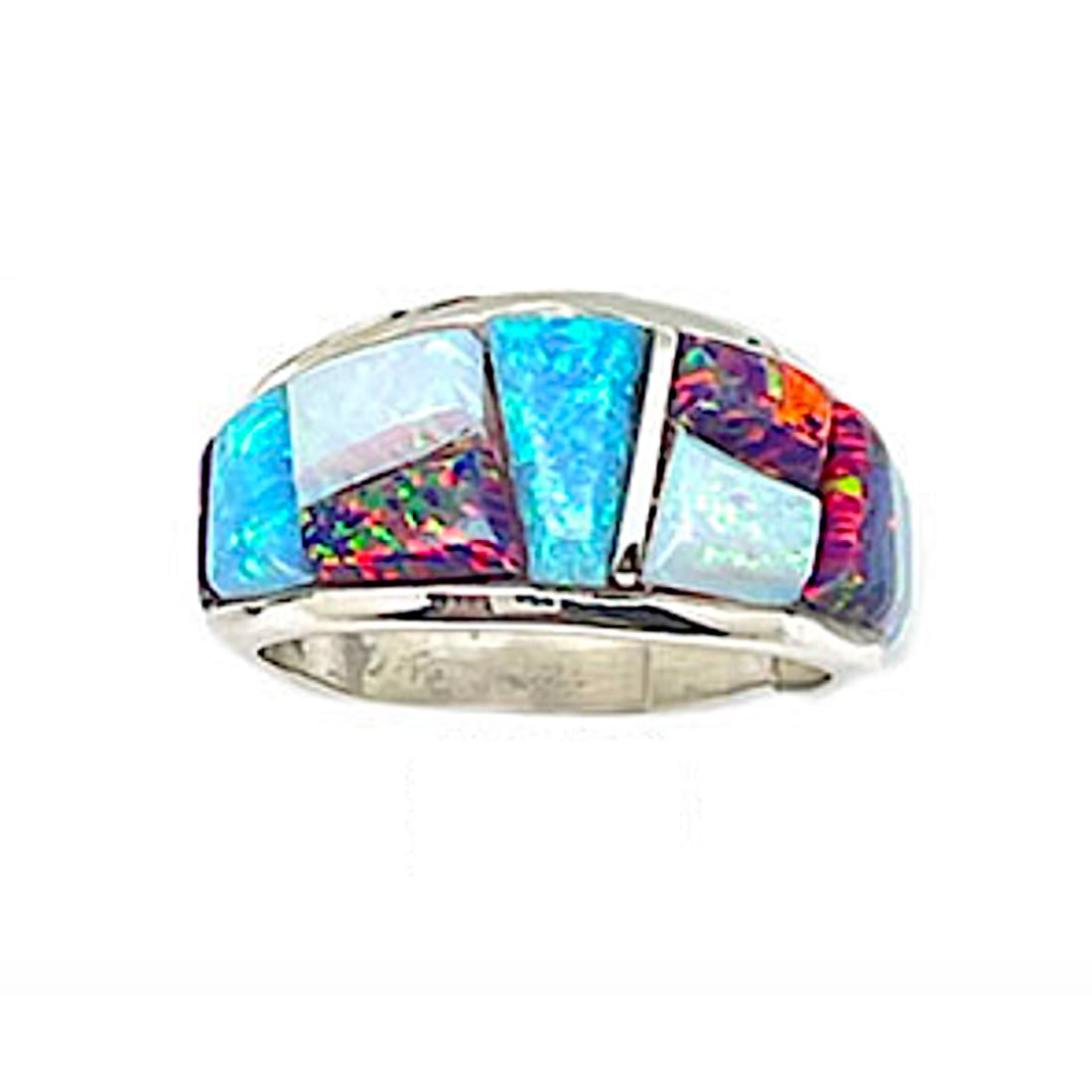 Navajo Multi Opal Cobble Inlay Ring Sz 7.5 Sterling Silver