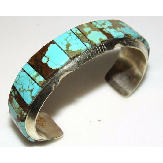 Huge Navajo Number 8 Turquoise Inlay Cuff Bracelet Sterling 