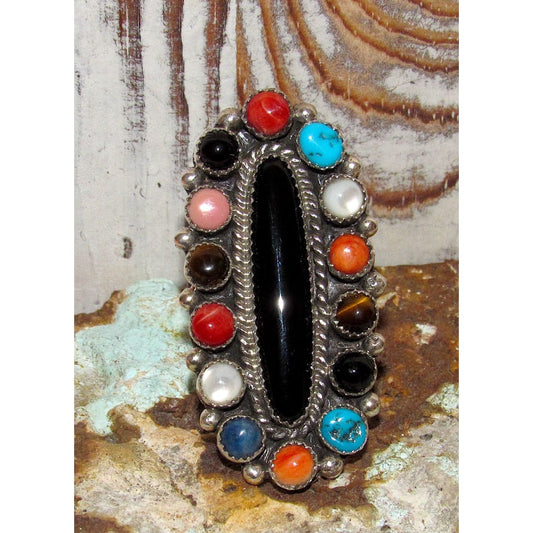 Navajo Onyx Cluster Ring Sz 8 Turquoise Lapis Coral