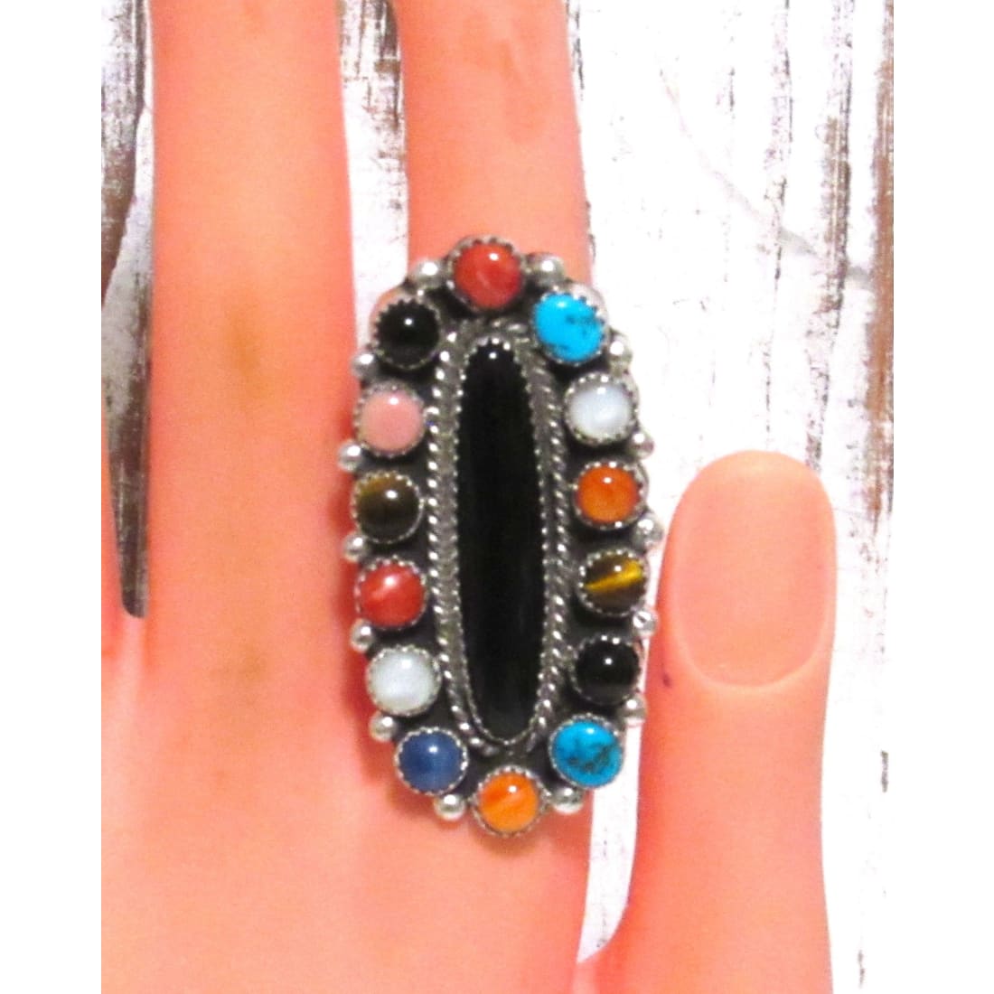 Navajo Onyx Cluster Ring Sz 8 Turquoise Lapis Coral