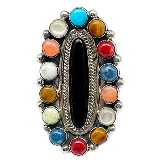 Navajo Onyx Cluster Ring Sz 8 Turquoise Lapos Coral