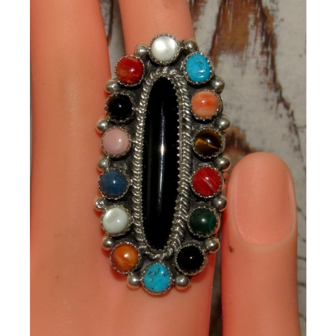 Navajo Onyx Cluster Ring Sz 9.5 Turquoise Lapos Coral