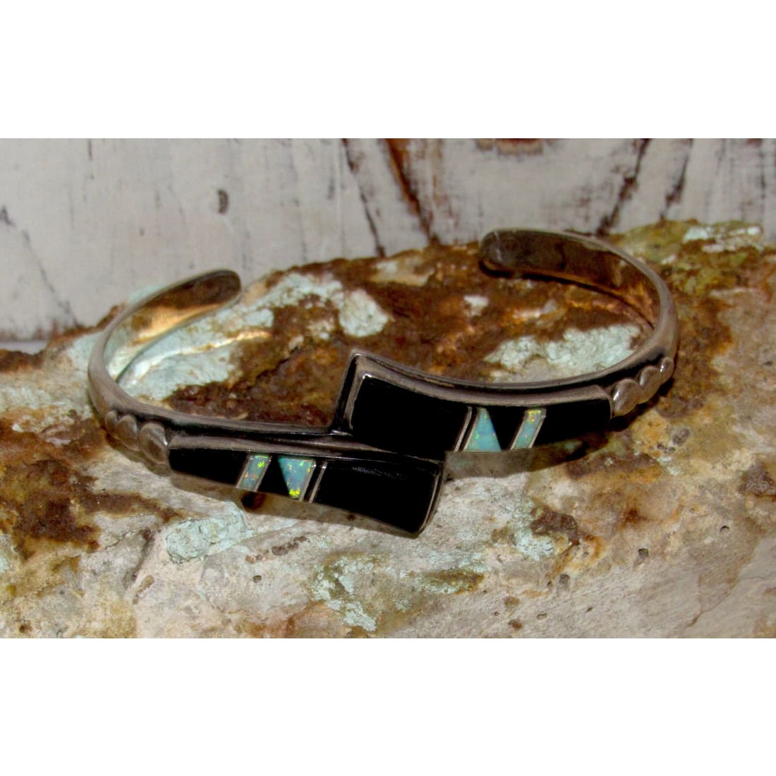 Navajo Onyx Opal Bracelet Inlay Sterling Silver Native