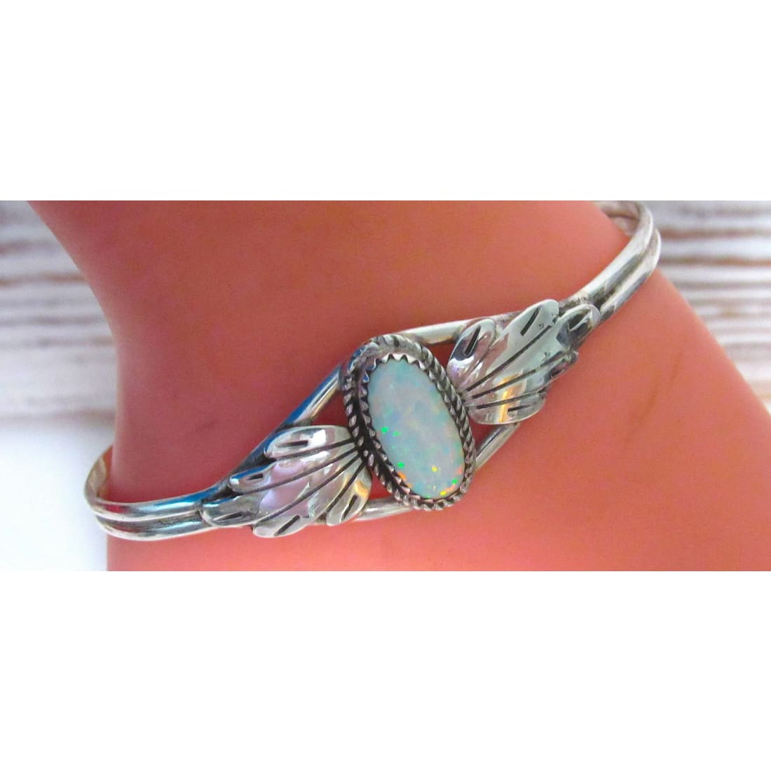 Navajo Opal Bracelet Sterling Silver Stacker Cuff by L. 