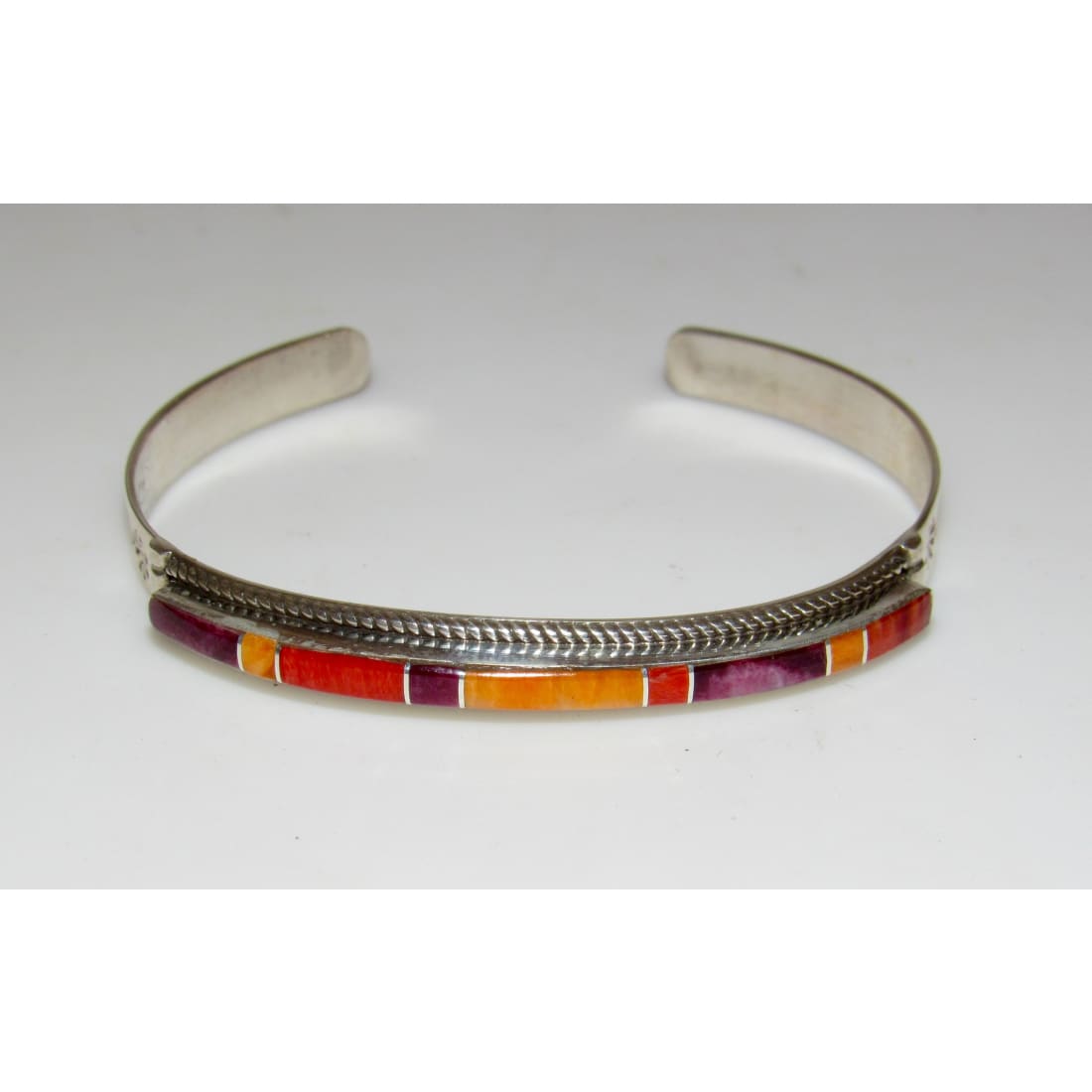 Navajo Orange Purple Spiny Inlay Stacker Cuff Bracelet