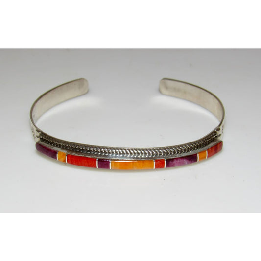 Navajo Orange Purple Spiny Inlay Stacker Cuff Bracelet