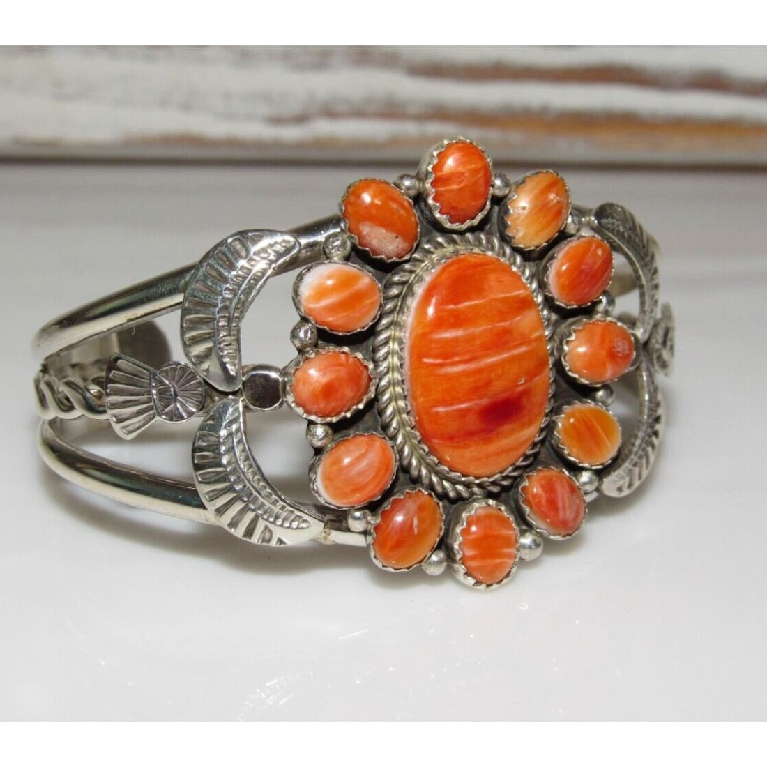 Navajo Orange Spiny Cluster Cuff Bracelet Stering Silver Art