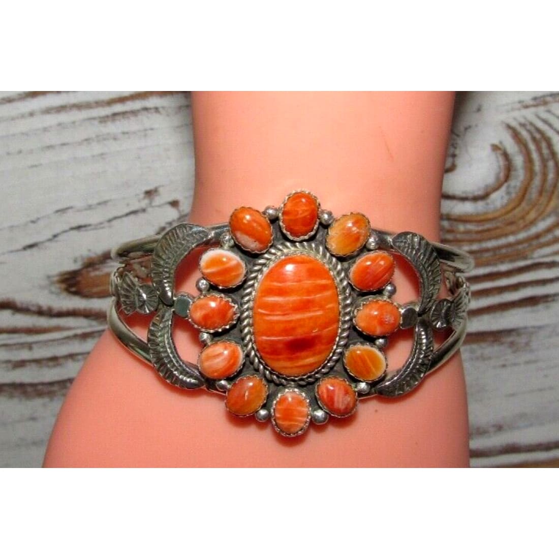 Navajo Orange Spiny Cluster Cuff Bracelet Stering Silver Art