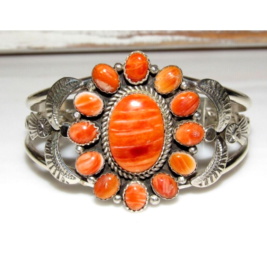 Navajo Orange Spiny Cluster Cuff Bracelet Stering Silver Art