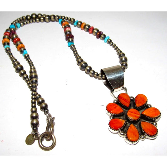 Navajo Orange Spiny Cluster Necklace on Navajo Pearls