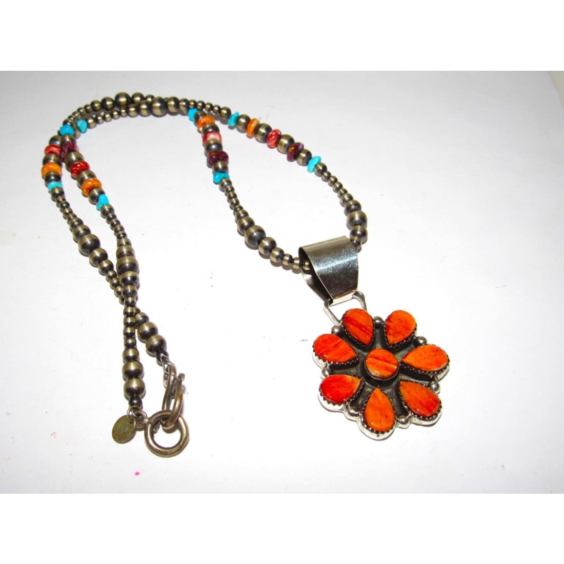 Navajo Orange Spiny Cluster Necklace on Navajo Pearls