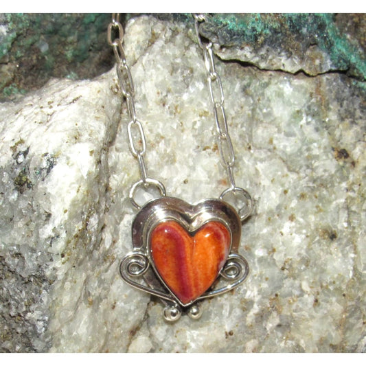 Navajo Orange Spiny Heart Bar Necklace Sterling Silver