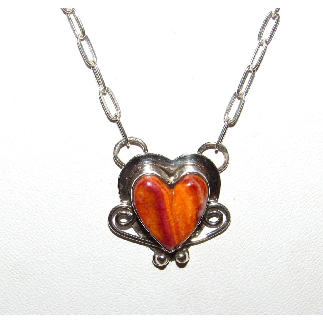 Navajo Orange Spiny Heart Bar Necklace Sterling Silver