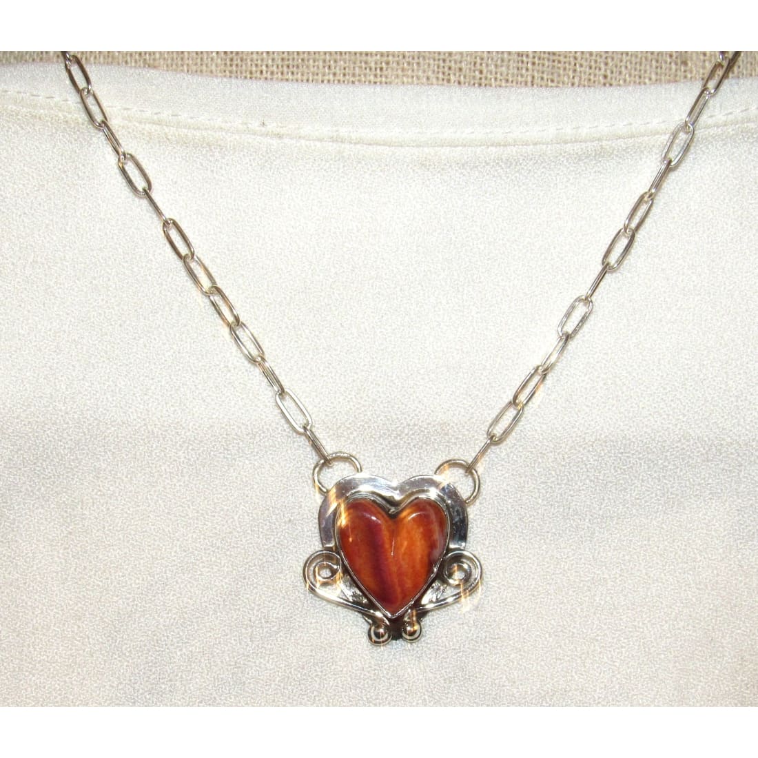 Navajo Orange Spiny Heart Bar Necklace Sterling Silver