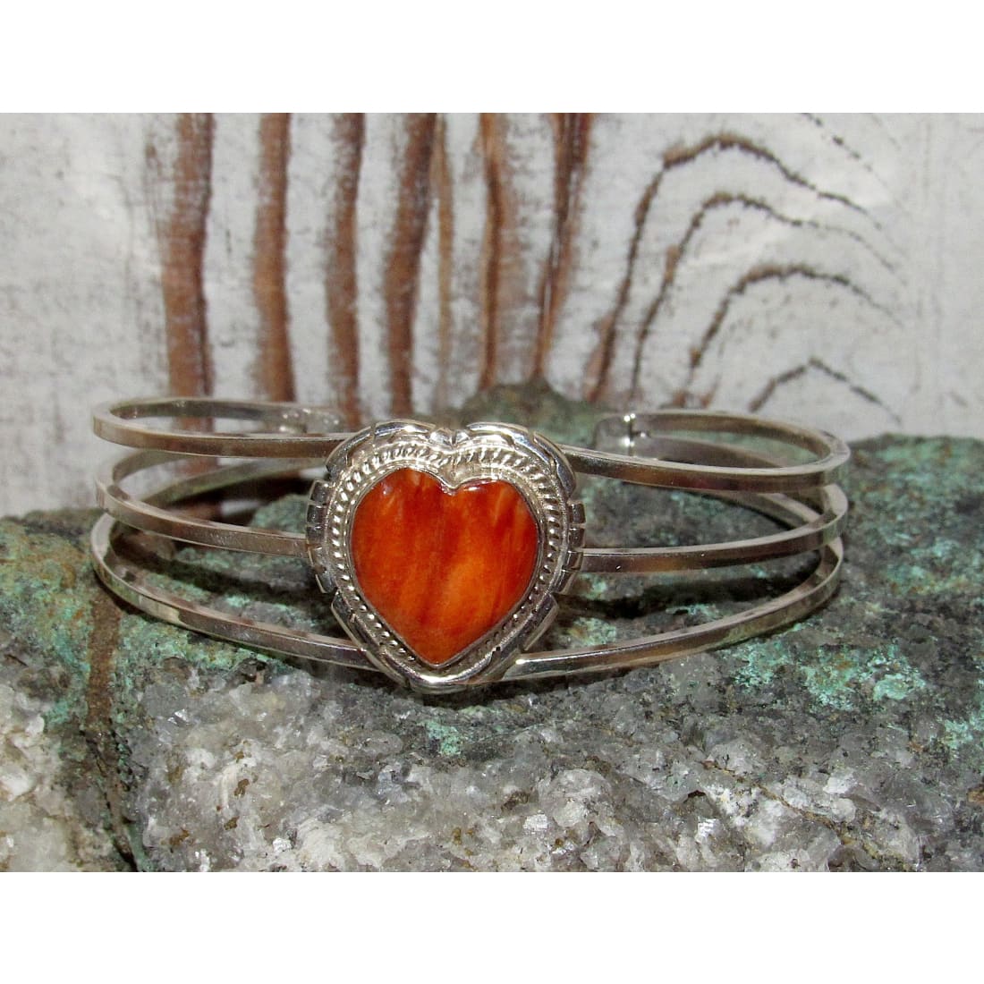 Navajo Orange Spiny Heart Bracelet Stacker Sterling Silver