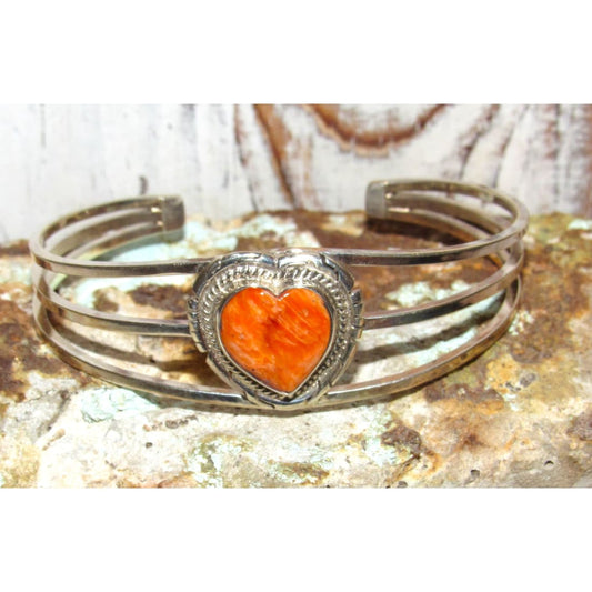 Navajo Orange Spiny Heart Bracelet Stacker Sterling Silver