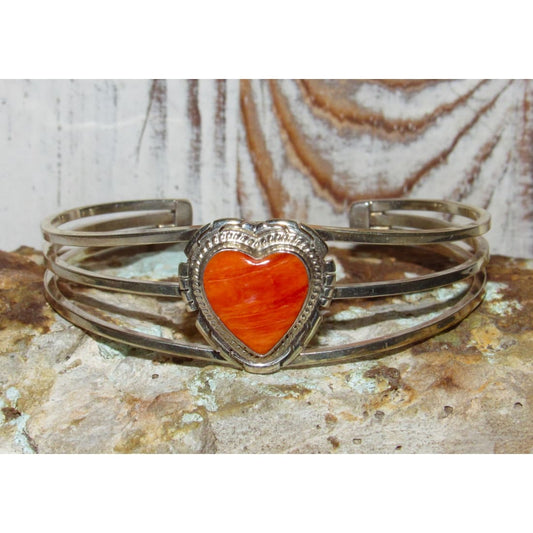 Navajo Orange Spiny Heart Bracelet Stacker Sterling Silver