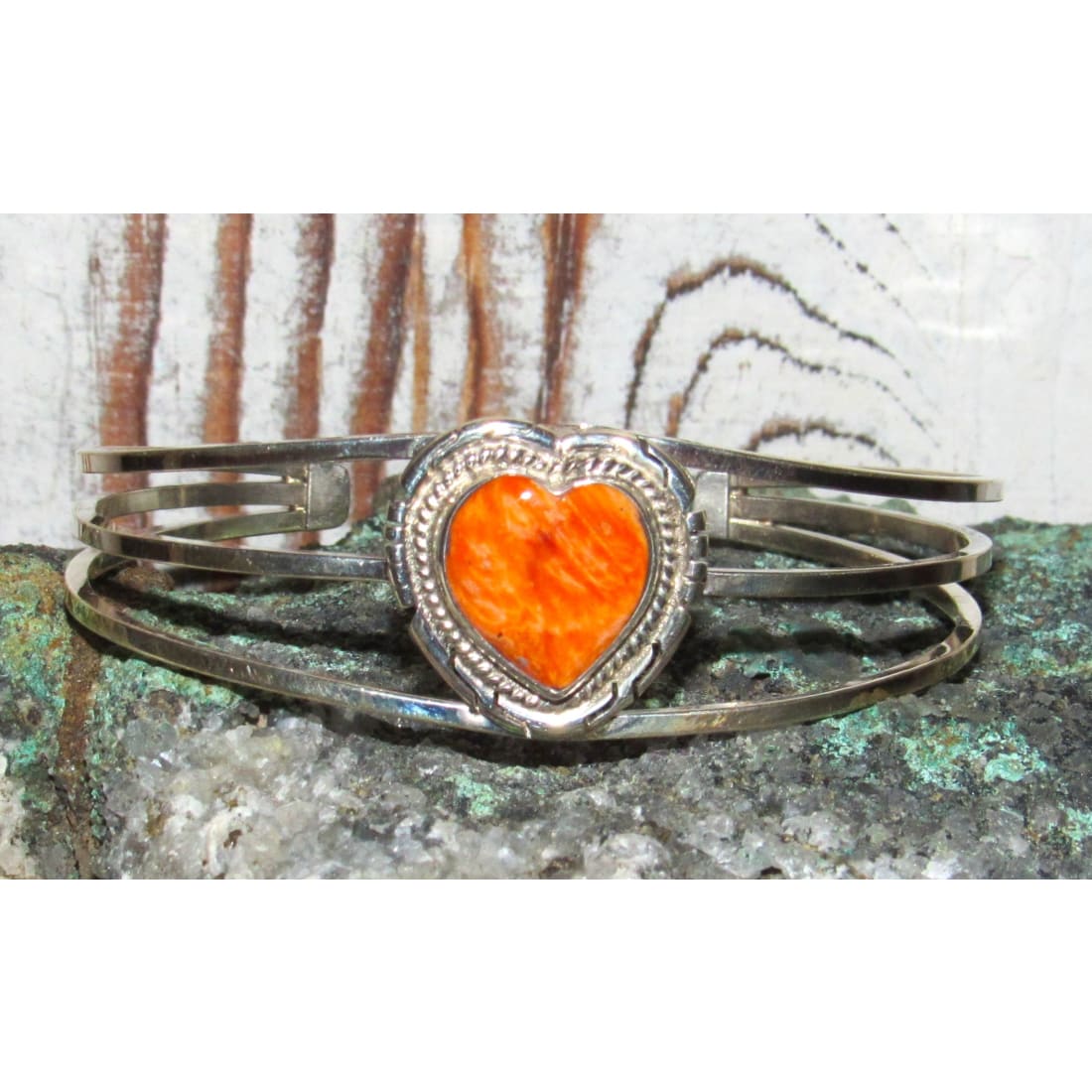 Navajo Orange Spiny Heart Bracelet Stacker Sterling Silver