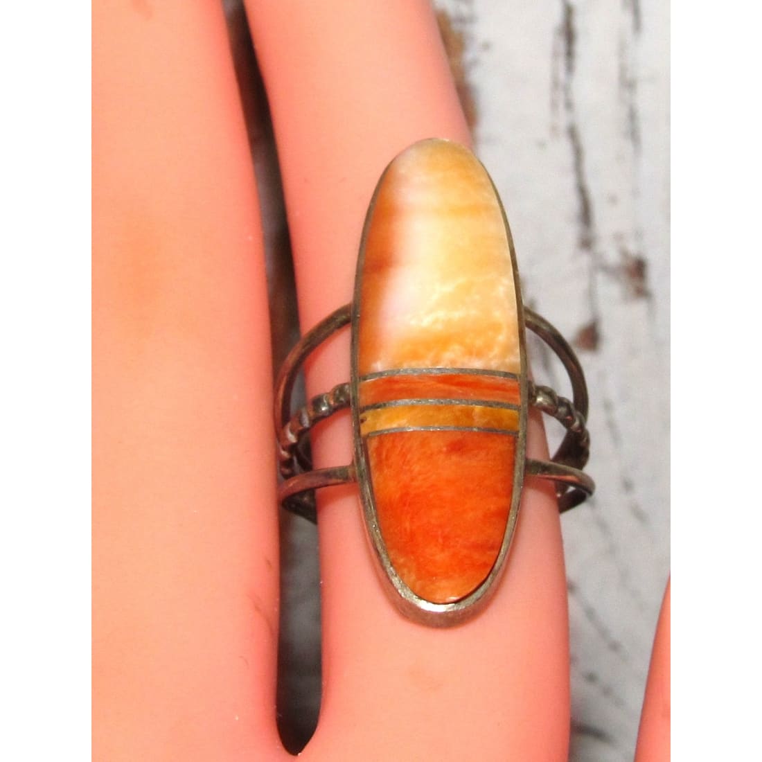 Navajo Orange Spiny Inlay Ring Sz 8 Sterling Silver E.